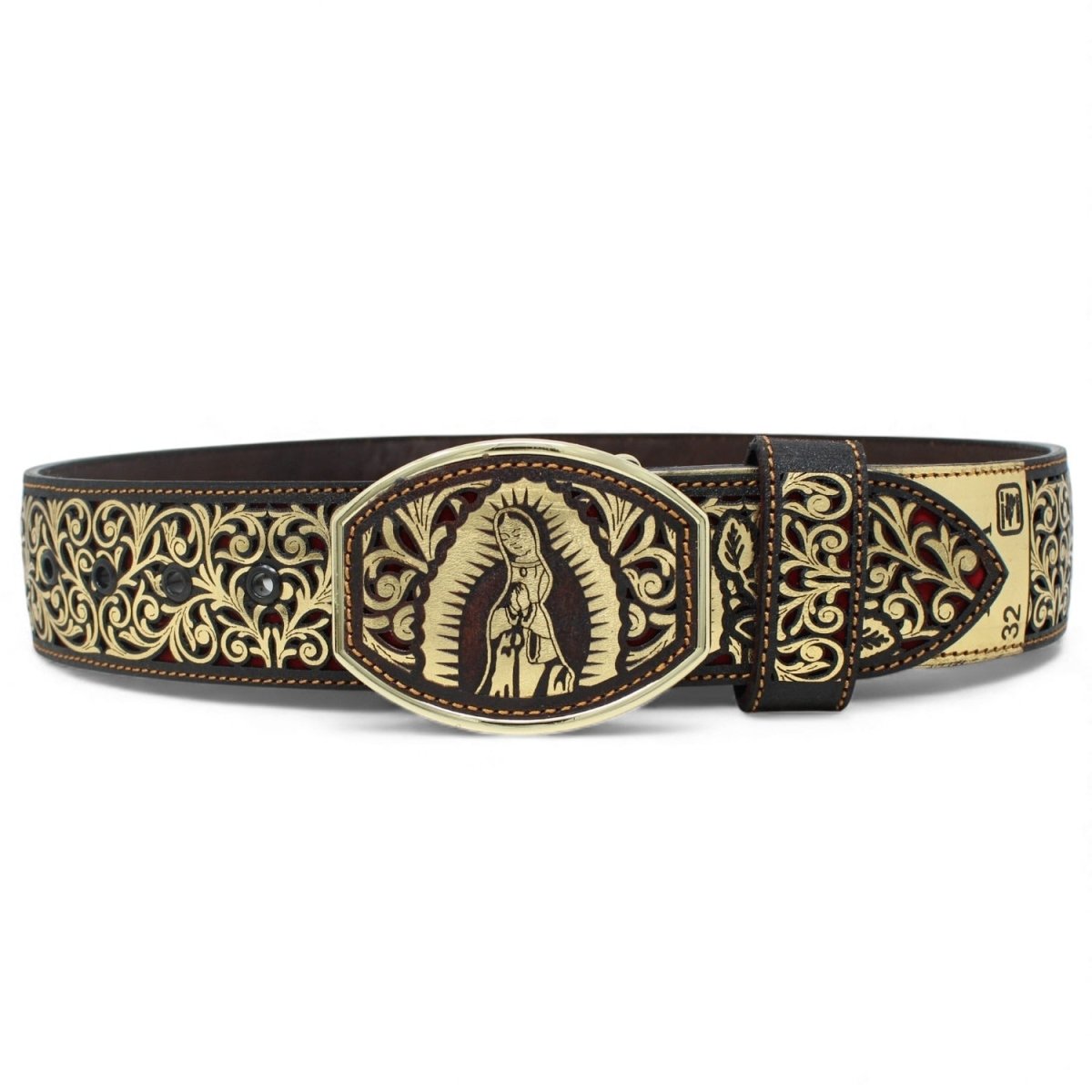 Cinto de Cuero Original Color Oro Corte Laser de la Virgen de Guadalupe Hebilla de Metal Oro - A&A Boots