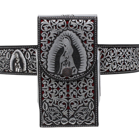 Cinto de Cuero Original Color Plata Corte Laser de la Virgen de Guadalupe Hebilla de Metal - A&A Boots