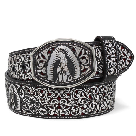 Cinto de Cuero Original Color Plata Corte Laser de la Virgen de Guadalupe Hebilla de Metal - A&A Boots