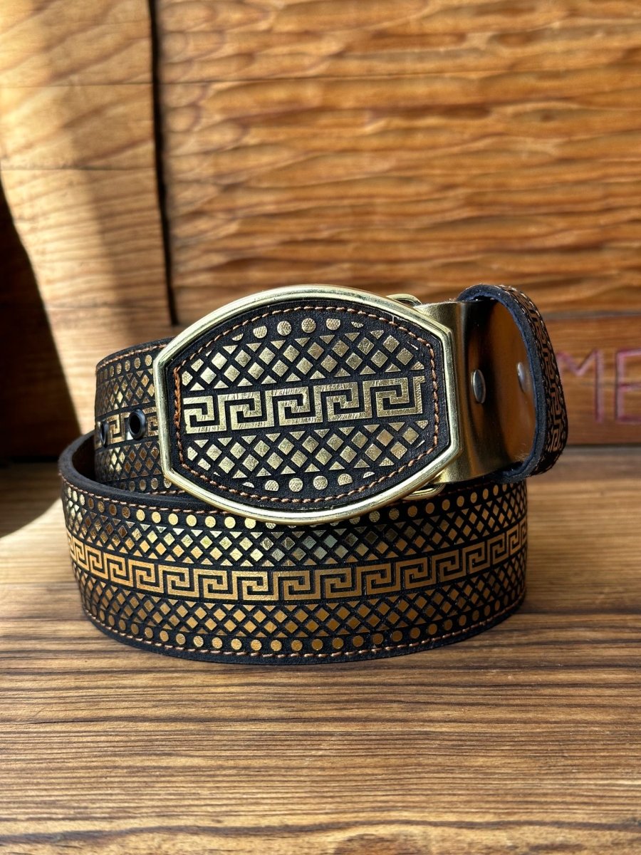 Cinto de Cuero Original de Grecas Color Oro con Hebilla de Metal - Rodeo Imports