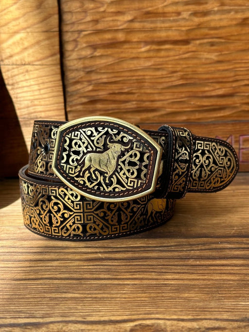 Cinto de Cuero Original de Toro Color Oro con Hebilla de Metal - Rodeo Imports