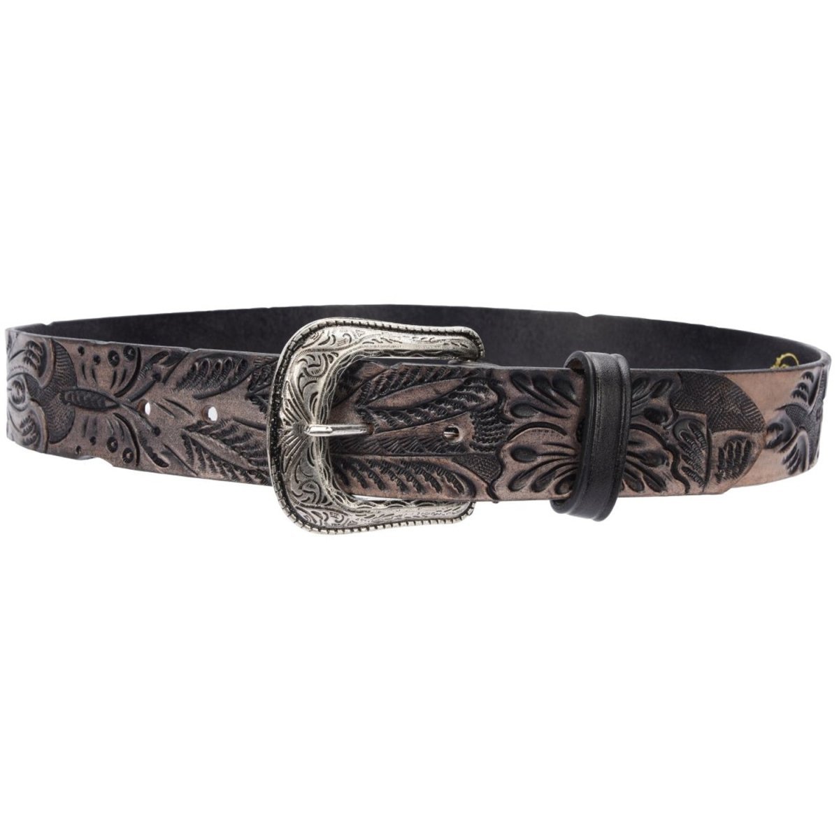 Cinto Vaquero para Mujer de Cuero Original Color Negro con Rosas Blancas   WD-1519