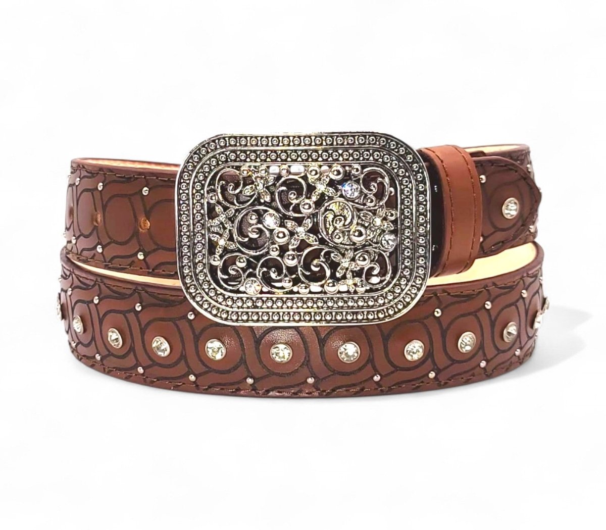 Hache Embellished Leather Western Belt Women\'s Size 90/105 Brown‎ Waist Thick Hooey Classic Brown Leather Belt With Floral Scroll Embossed  main image 3