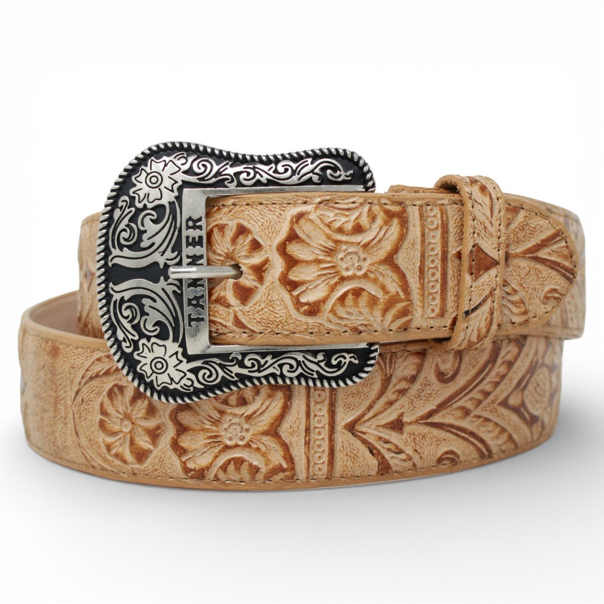 Cinturon de Piel con Estampado de Cincelado Floral y Hebilla Metálica Texas - TMB207020 - Tanner Mark Boots