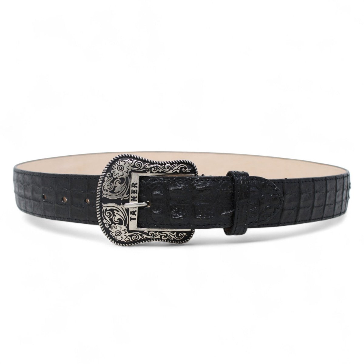 Cinturon de Piel Genuina con Estampado de Caiman Lomo y Hebilla Metálica Texas Negro - Tanner Mark Boots