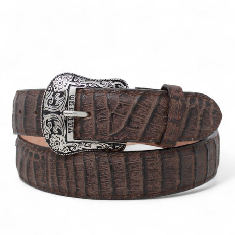 Cinturon de Piel Genuina con Estampado de Caiman Panza Hebilla Metálica Texas Cafe - Tanner Mark Boots