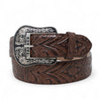 Cinturon de Piel Genuina con Estampado de Cincelado Floral y Hebilla Metálica Texas - Cafe - Tanner Mark Boots