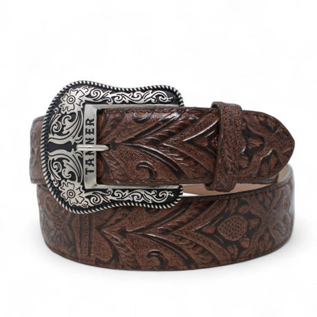 Cinturon de Piel Genuina con Estampado de Cincelado Floral y Hebilla Metálica Texas - Cafe - Tanner Mark Boots