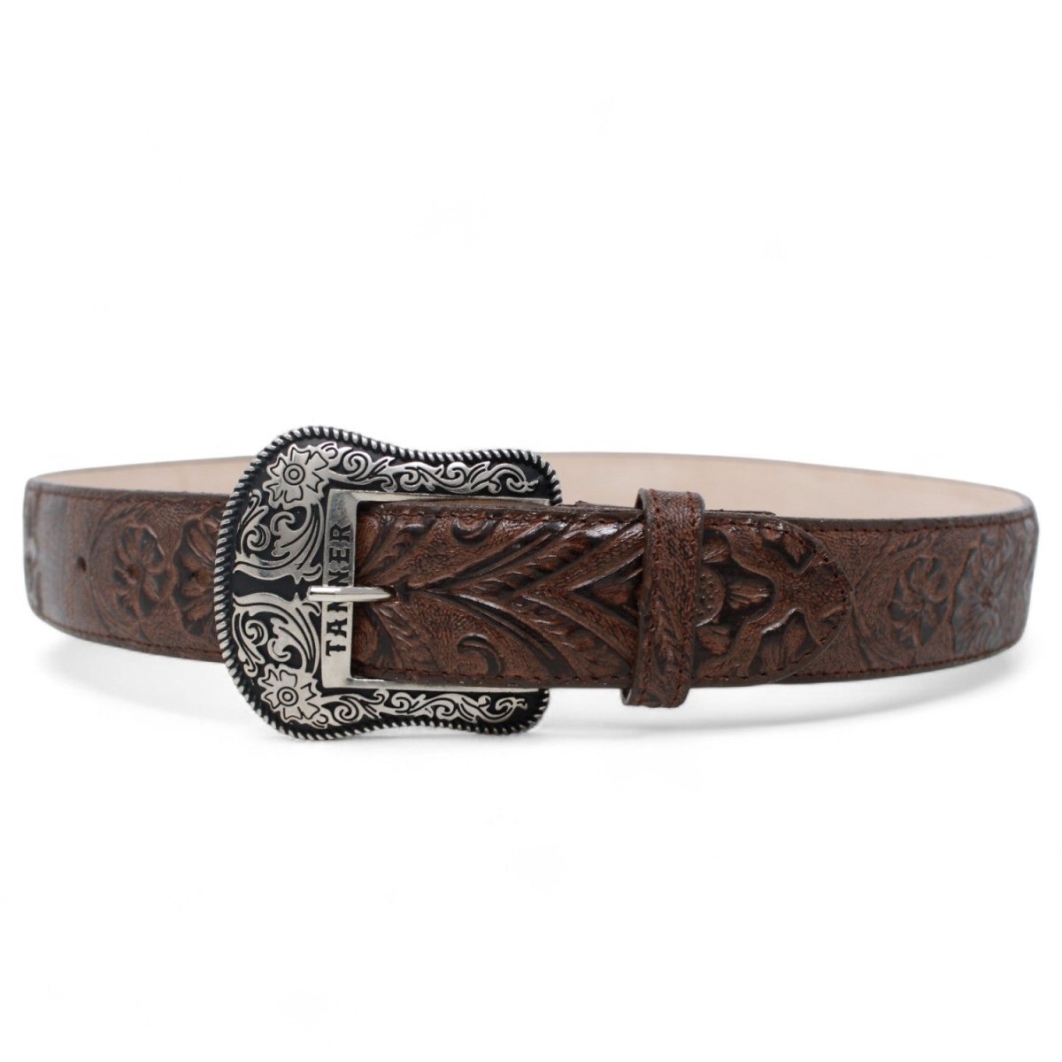 Cinturon de Piel Genuina con Estampado de Cincelado Floral y Hebilla Metálica Texas - Cafe - Tanner Mark Boots