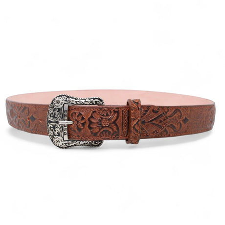 Cinturon de Piel Genuina con Estampado de Cincelado Floral y Hebilla Metálica Texas - Cognac - Tanner Mark Boots