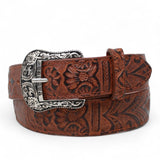 Cinturon de Piel Genuina con Estampado de Cincelado Floral y Hebilla Metálica Texas - Cognac - Tanner Mark Boots