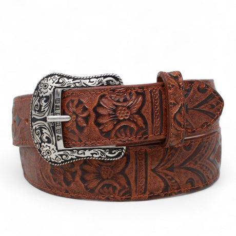 Cinturon de Piel Genuina con Estampado de Cincelado Floral y Hebilla Metálica Texas - Cognac - Tanner Mark Boots