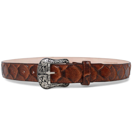 Cinturón de Piel Genuina con Estampado de Pirarucu y Hebilla Metálica Texas Cognac - Tanner Mark Boots