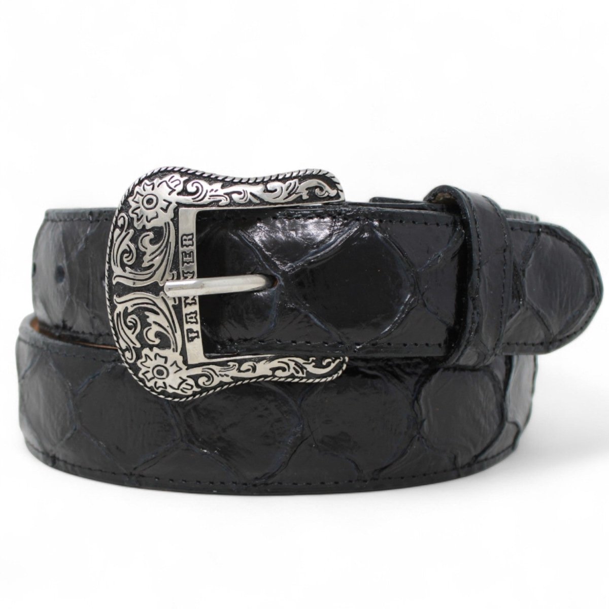 Cinturón de Piel Genuina con Estampado de Pirarucu y Hebilla Metálica Texas Negro - Tanner Mark Boots