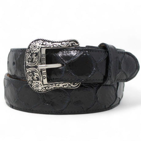 Cinturón de Piel Genuina con Estampado de Pirarucu y Hebilla Metálica Texas Negro - Tanner Mark Boots