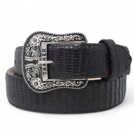 Cinturón de Piel Genuina con Estampado de Teju y Hebilla Metálica Texas Negro - Tanner Mark Boots