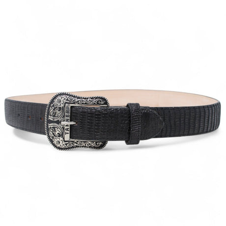 Cinturón de Piel Genuina con Estampado de Teju y Hebilla Metálica Texas Negro - Tanner Mark Boots