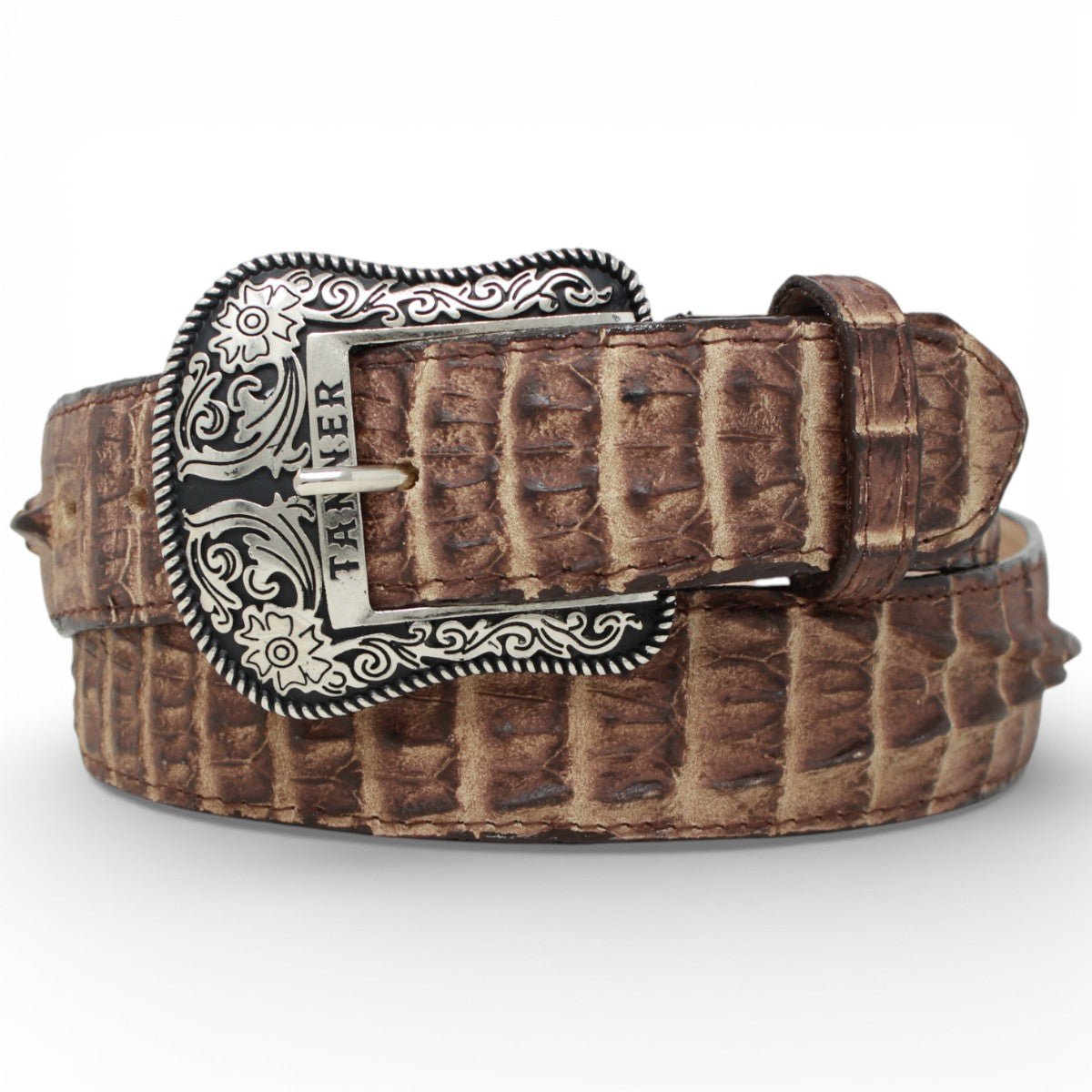 Cinturón de Piel Grabada Caiman Cola Cafe con Hebilla Metálica Texas - TMB20572 - Tanner Mark Boots