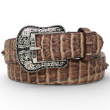 Cinturón de Piel Grabada Caiman Cola Cafe con Hebilla Metálica Texas - TMB20572 - Tanner Mark Boots