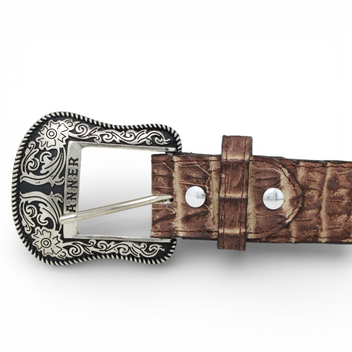 Cinturón de Piel Grabada Caiman Cola Cafe con Hebilla Metálica Texas - TMB20572 - Tanner Mark Boots