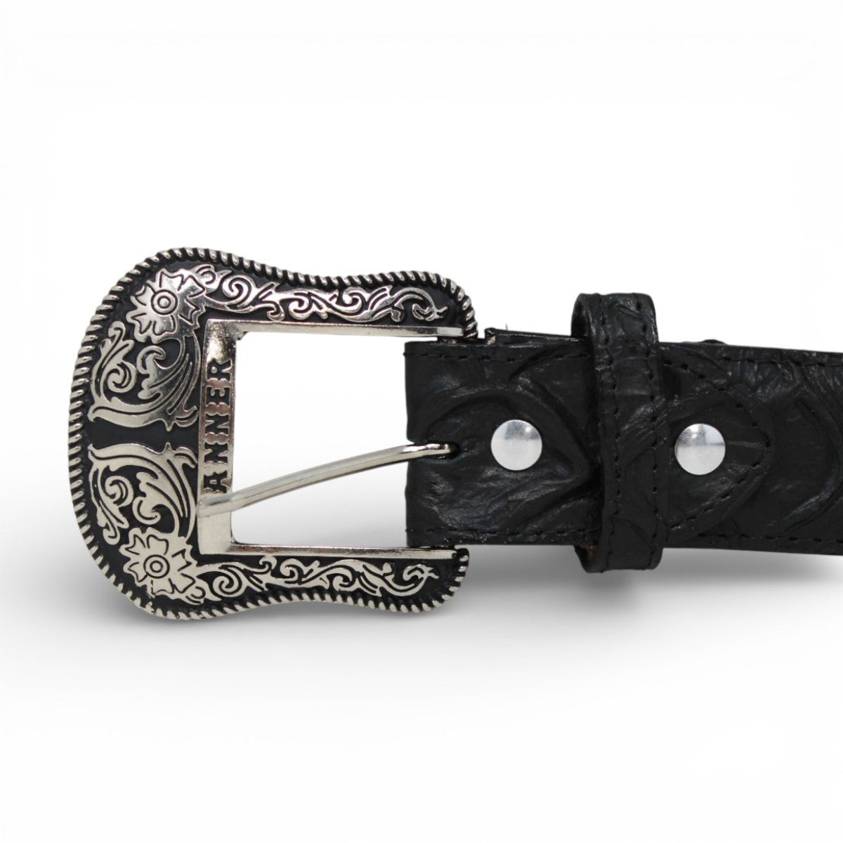 Cinturón de Piel Grabada Pirarucu con Hebilla Metálica Texas Negro - TMB205560 - Tanner Mark Boots