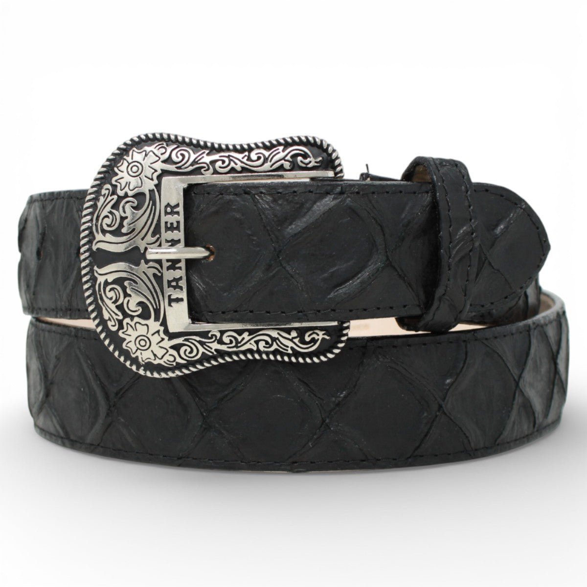 Cinturón de Piel Grabada Pirarucu con Hebilla Metálica Texas Negro - TMB205560 - Tanner Mark Boots