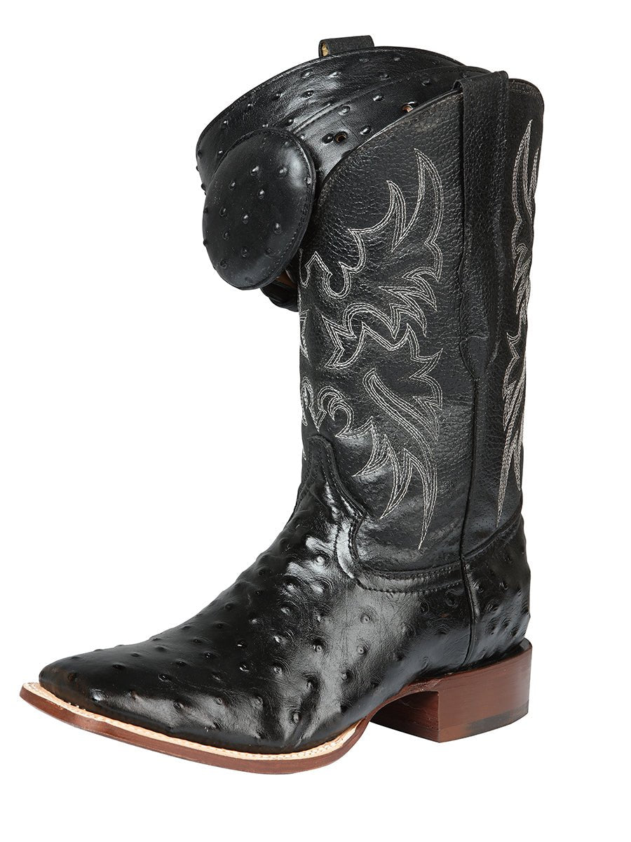 Rodeo Boots with Engraved Ostrich, Square Toe, Black Color 