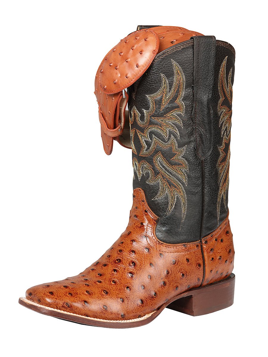 Rodeo Boots with Engraved Ostrich, Square Toe, Cognac Color - El Gener
