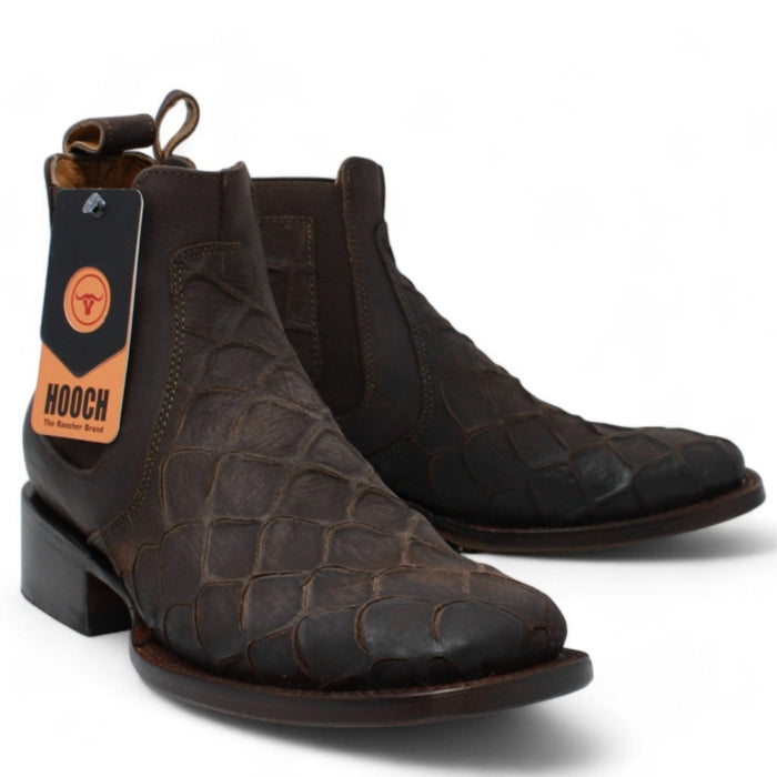 Fish Print Leather Square Toe Ankle Boots - Chocolate - Hooch Boots