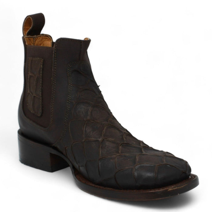 Fish Print Leather Square Toe Ankle Boots - Chocolate - Hooch Boots