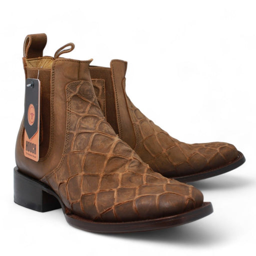 Fish Print Leather Square Toe Ankle Boots - Cinnamon - Hooch Boots