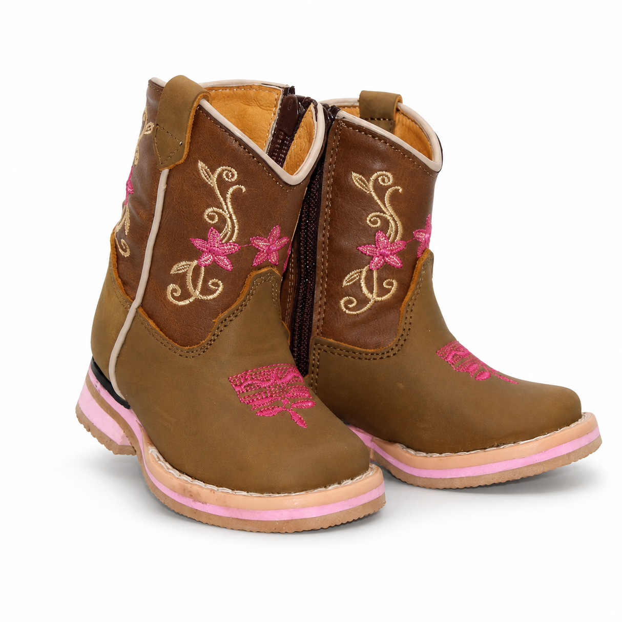 Bota Vaquera para Bebe Niña Punta Cuadrada de Piel Genuina Color Cafe con Bordado Floral Hooch Boots H511 - vista frontal