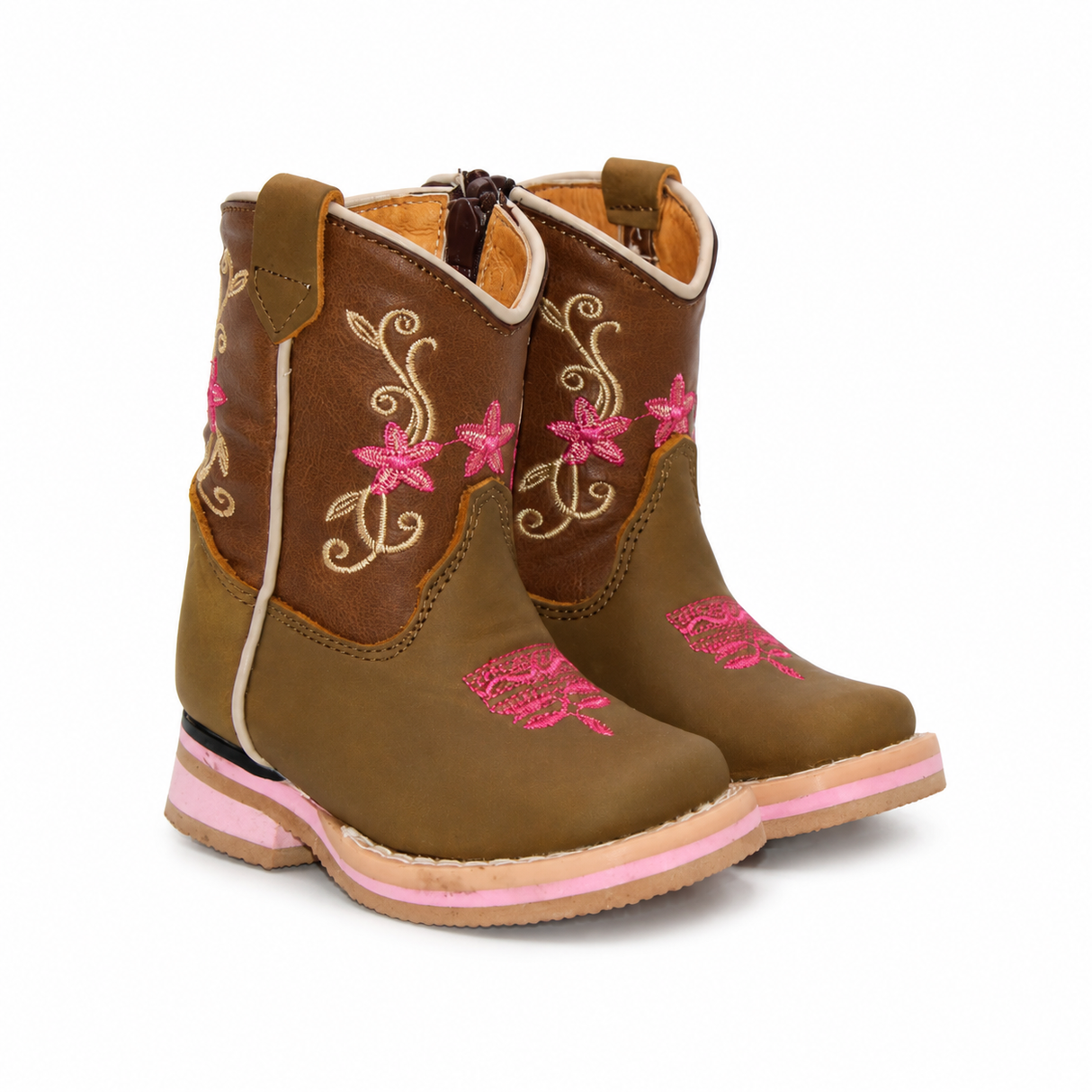 Bota Vaquera para Bebe Niña Punta Cuadrada de Piel Genuina Color Cafe con Bordado Floral Hooch Boots H511