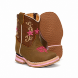 Bota Vaquera para Bebe Niña Punta Cuadrada de Piel Genuina Color Cafe con Bordado Floral Hooch Boots H511 - vista de la suela