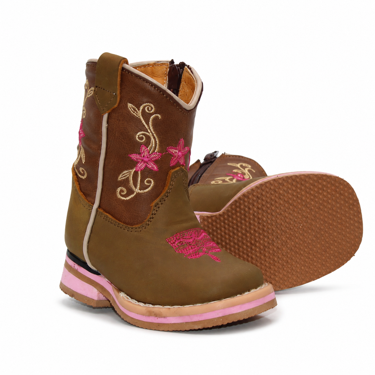 Bota Vaquera para Bebe Niña Punta Cuadrada de Piel Genuina Color Cafe con Bordado Floral Hooch Boots H511 - vista de la suela