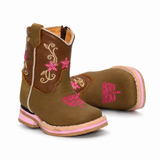 Bota Vaquera para Bebe Niña Punta Cuadrada de Piel Genuina Color Cafe con Bordado Floral Hooch Boots H511 - vista del bordado en la punta