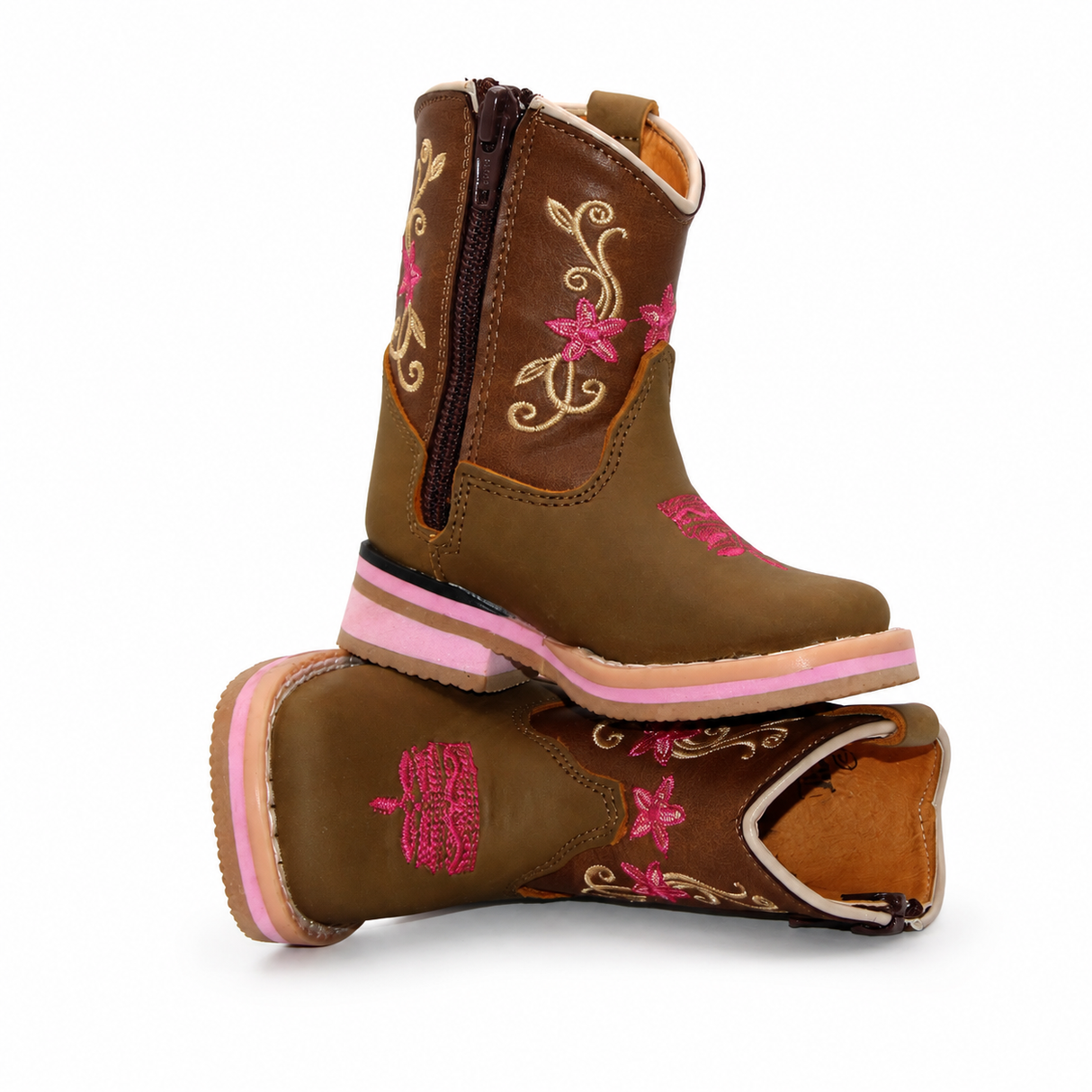 Bota Vaquera para Bebe Niña Punta Cuadrada de Piel Genuina Color Cafe con Bordado Floral Hooch Boots H511 - vista lateral con cierre