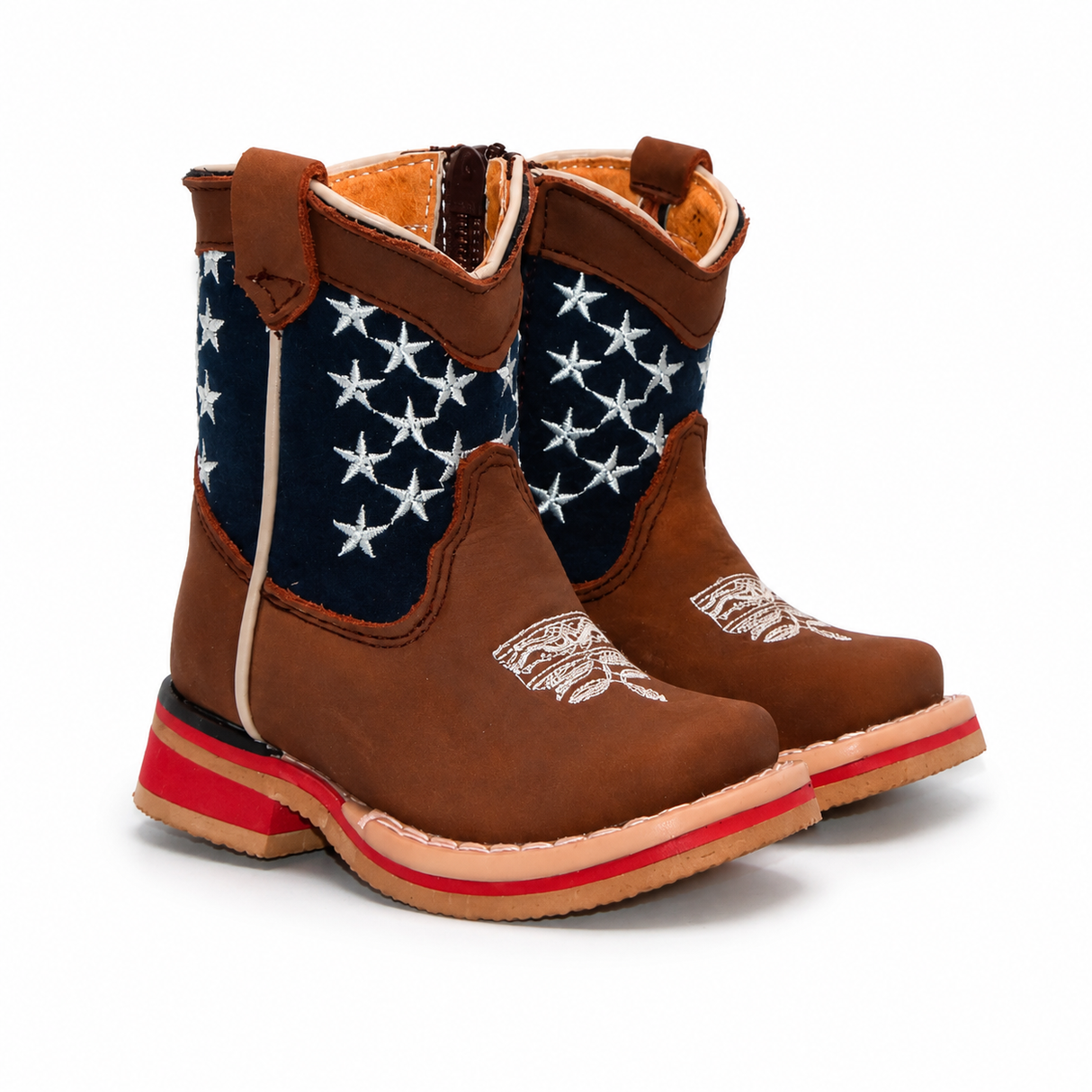 Bota Vaquera para Bebe Niño Edicion Patriot Punta Cuadrada de Piel Genuina Color Cafe con Suela de Hule Hooch Boots H514 - vista frontal