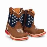 Bota Vaquera para Bebe Niño Edicion Patriot Punta Cuadrada de Piel Genuina Color Cafe con Suela de Hule Hooch Boots H514