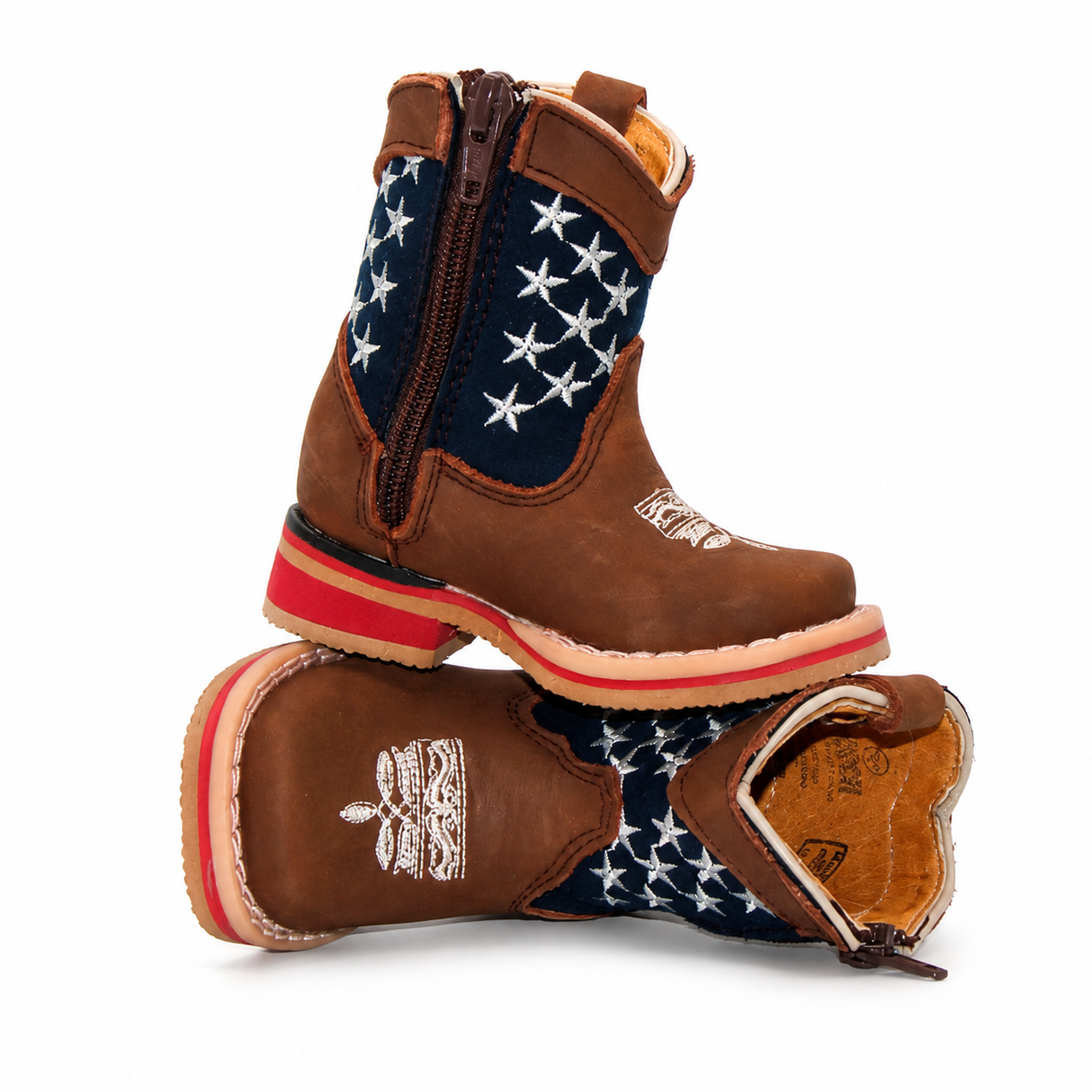 Bota Vaquera para Bebe Niño Edicion Patriot Punta Cuadrada de Piel Genuina Color Cafe con Suela de Hule Hooch Boots H514 - vista lateral con cierre