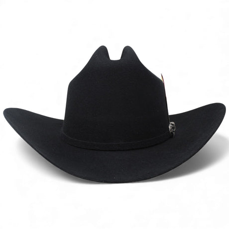 20x tombstone black johnson western hat  with a feather  front view
