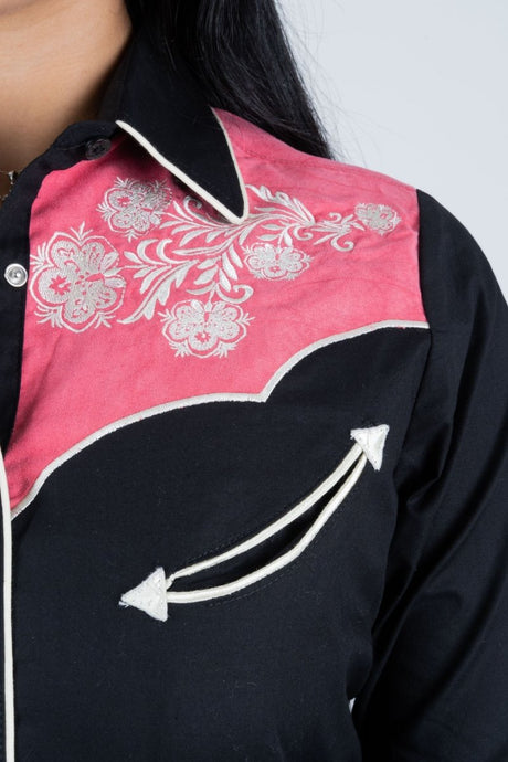 Ladies Cotton Black Embroidery Western Shirt With Suede - Platini Fashion