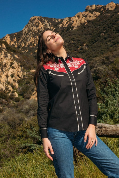 Ladies Cotton Black Embroidery Western Shirt With Suede - Platini Fashion