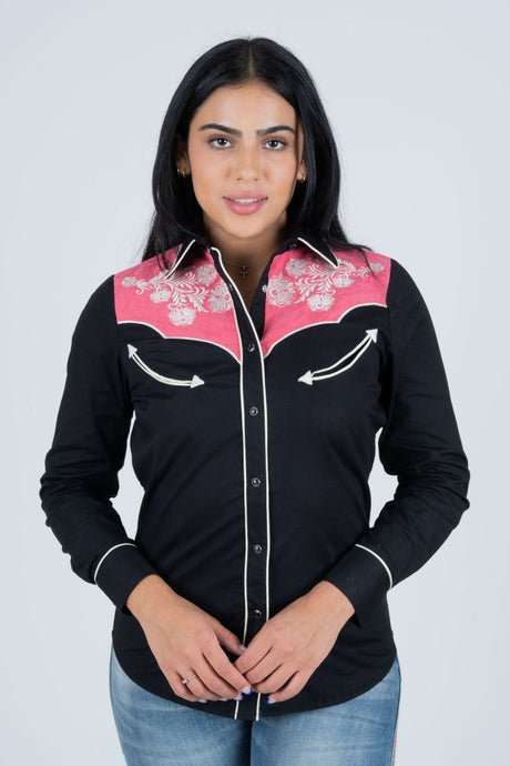 Ladies Cotton Black Embroidery Western Shirt With Suede - Platini Fashion