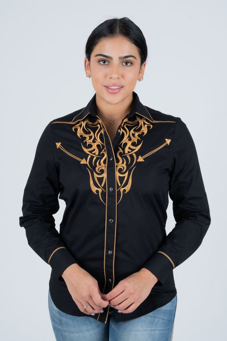 Ladies Cotton Black Embroidery Western Shirt - Platini Fashion