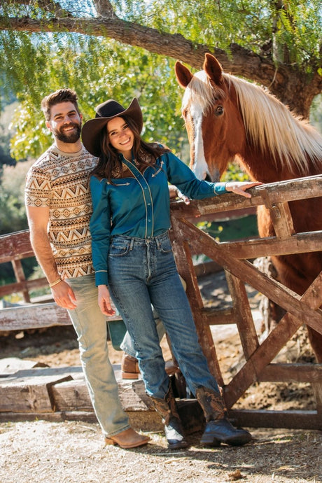 Ladies Cotton Blue Embroidery Western Shirt With Suede - Platini Fashion