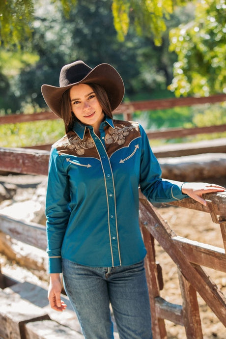 Ladies Cotton Blue Embroidery Western Shirt With Suede - Platini Fashion