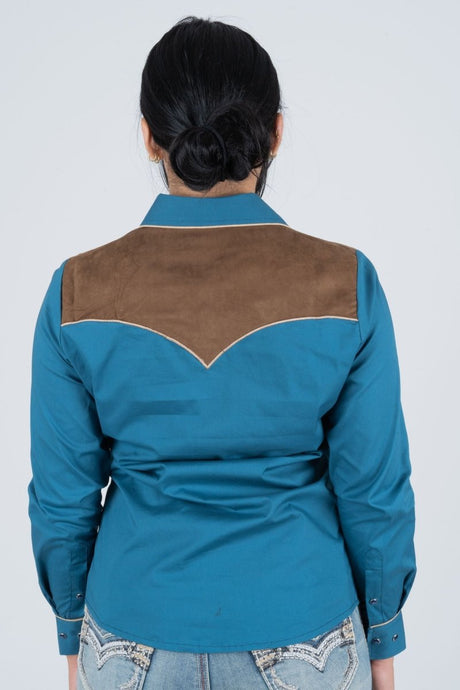Ladies Cotton Blue Embroidery Western Shirt With Suede - Platini Fashion