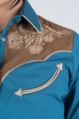 Ladies Cotton Blue Embroidery Western Shirt With Suede - Platini Fashion