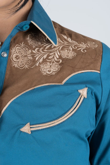 Ladies Cotton Blue Embroidery Western Shirt With Suede - Platini Fashion